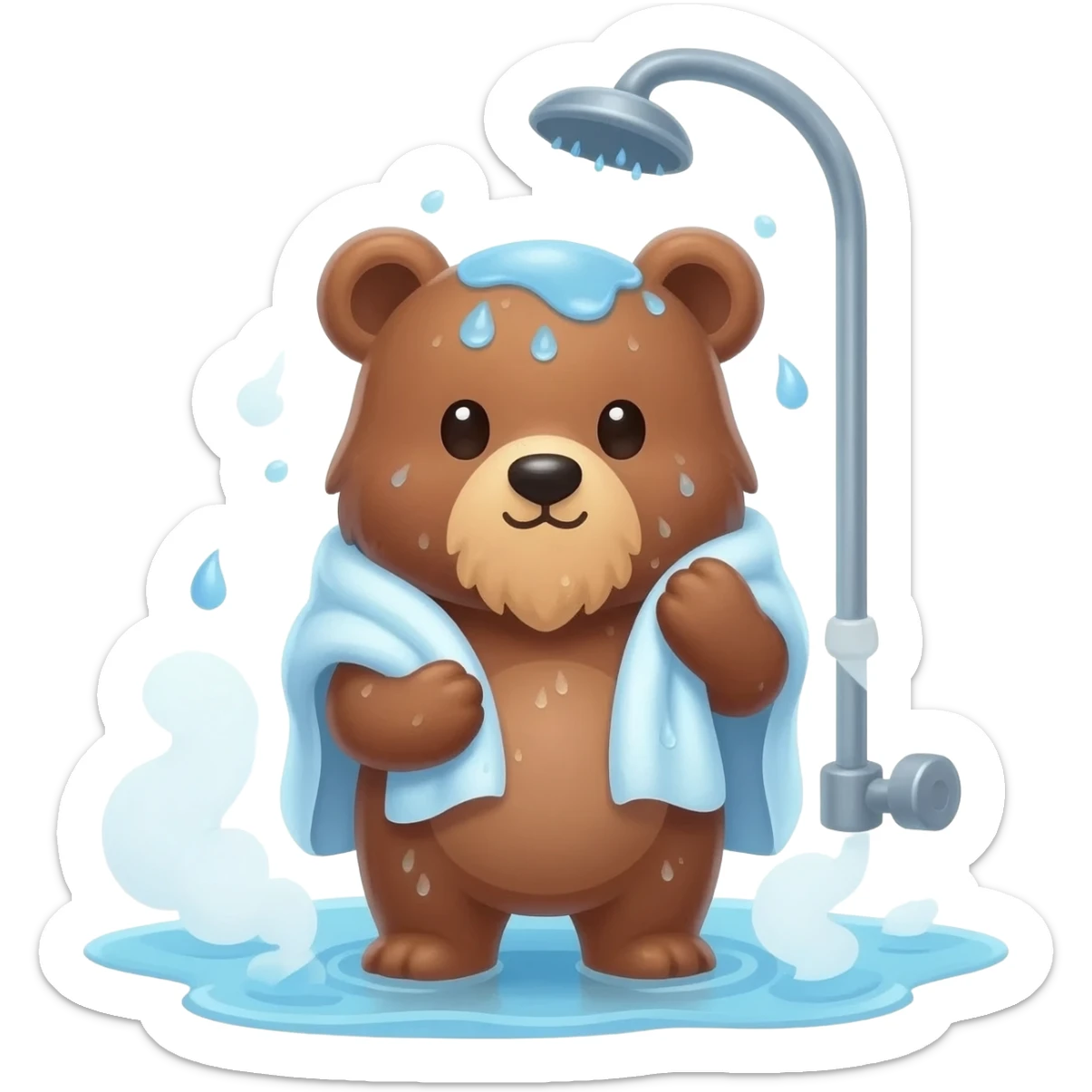Cute bear eith beard coming out of the shower with towe and water drops on him sticker