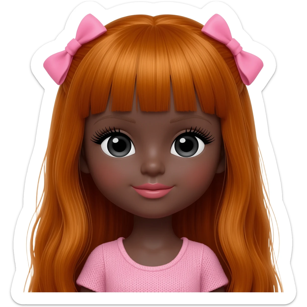 bimbo Doll with darkbrown skin with long ginger hair with pink bows, lashes, cute lips sticker