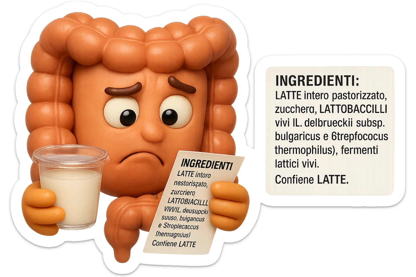 SU QUESTO STILE FAI UN EMOJI STILE IPHONE 3D DI UN INTESTINO CHE HA IN MANO UN BARATTOLO DI YOGURT CONFEZIONATO DA SUPERMERCATO E LEGGE L'ETICHETTA NUTRIZIONALE CON GLI INGREDIENTI IN ITALIANO, ACCANTO ALLO YOGURT CHE HA IN MANO C'è UN FOCUS SULL'ETICHETTA CON GLI INGREDIENTI SCRITTI, FAGLI UN ESPRESSIONE CONFUSA MENTRE LEGGE E FALLO MOLTO REALISTICO IN 3D sticker