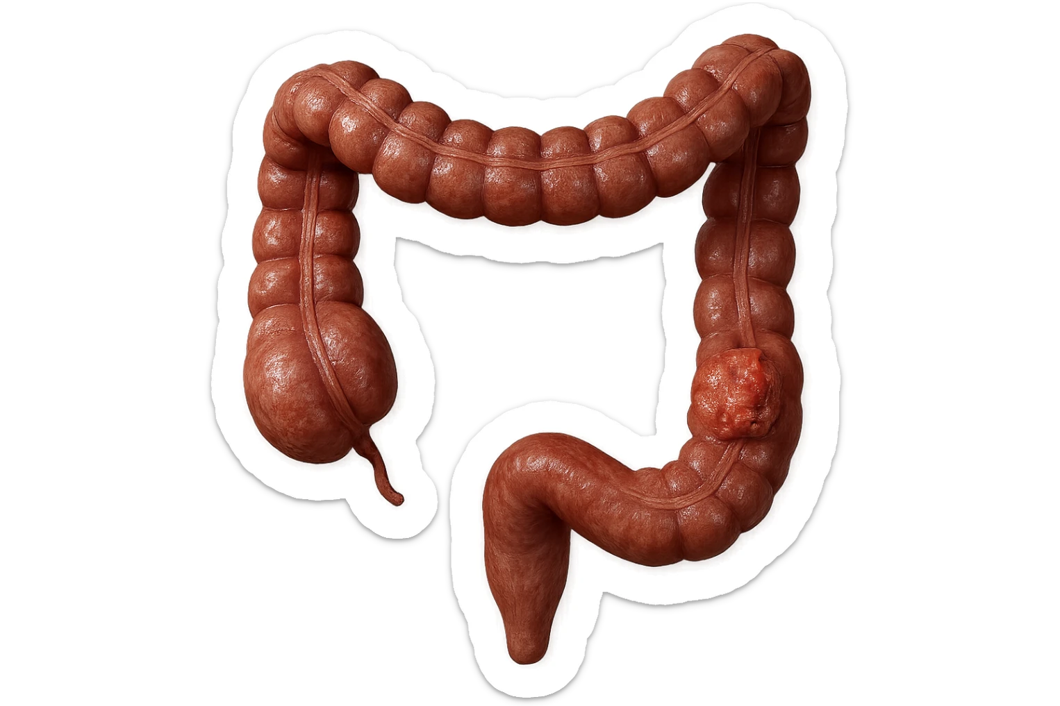 colon umano anatomico realistico malato di cancro, fai un punto visibile in cui si nota proprio la massa tumorale, iperrealistico 4k sticker