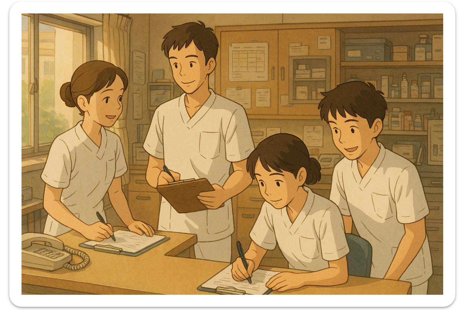 Scene of four nursing students, based on photos, in a care station, Ghibli style, white medical short-sleeve uniforms with V-neck collar and left chest pocket, no accessories, team atmosphere. sticker