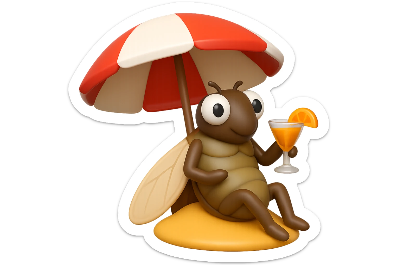 EMOJI STILE IPHONE 3D DI UNA CICALA CHE STA RILASSATA SEDUTA SOTTO L'OMBRELLONE IN SPIAGGIA CON UN COCKTAIL IN MANO, FAGLI GLI OCCHI CON LA PARTE BIANCA, NON SOLO LA PUPILLA sticker