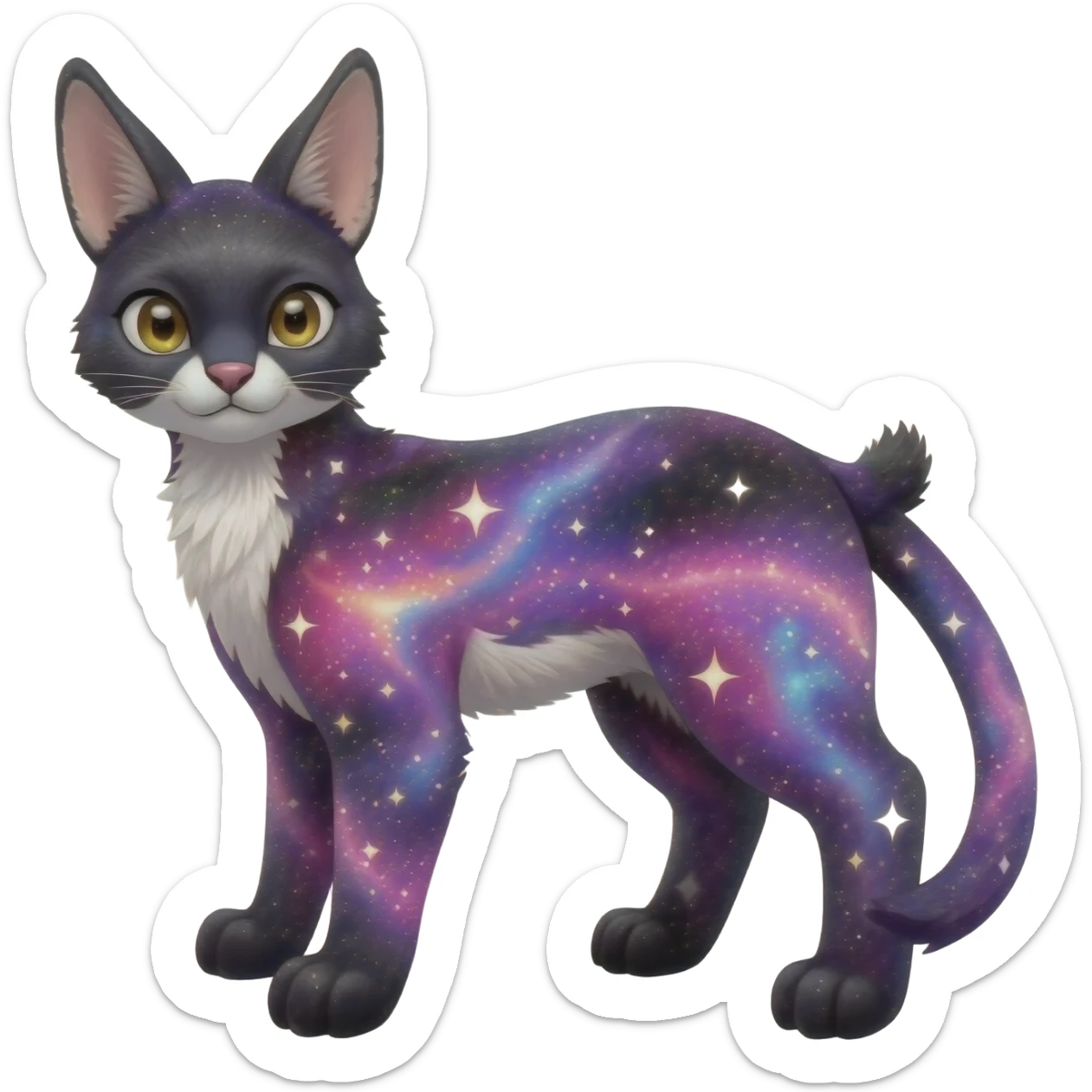Colorful black-violet-indigo-purple-pink-gradients nebulae nebula white stars-sparkles-markings galactical shiny white-stars-patterned glorious iridescent divine exotic cute cool beautiful realistic Meloetta-caracal-civet-sergal-bunny-oncilla-animal-Fakémon-hybrid-fursona (full body) sticker