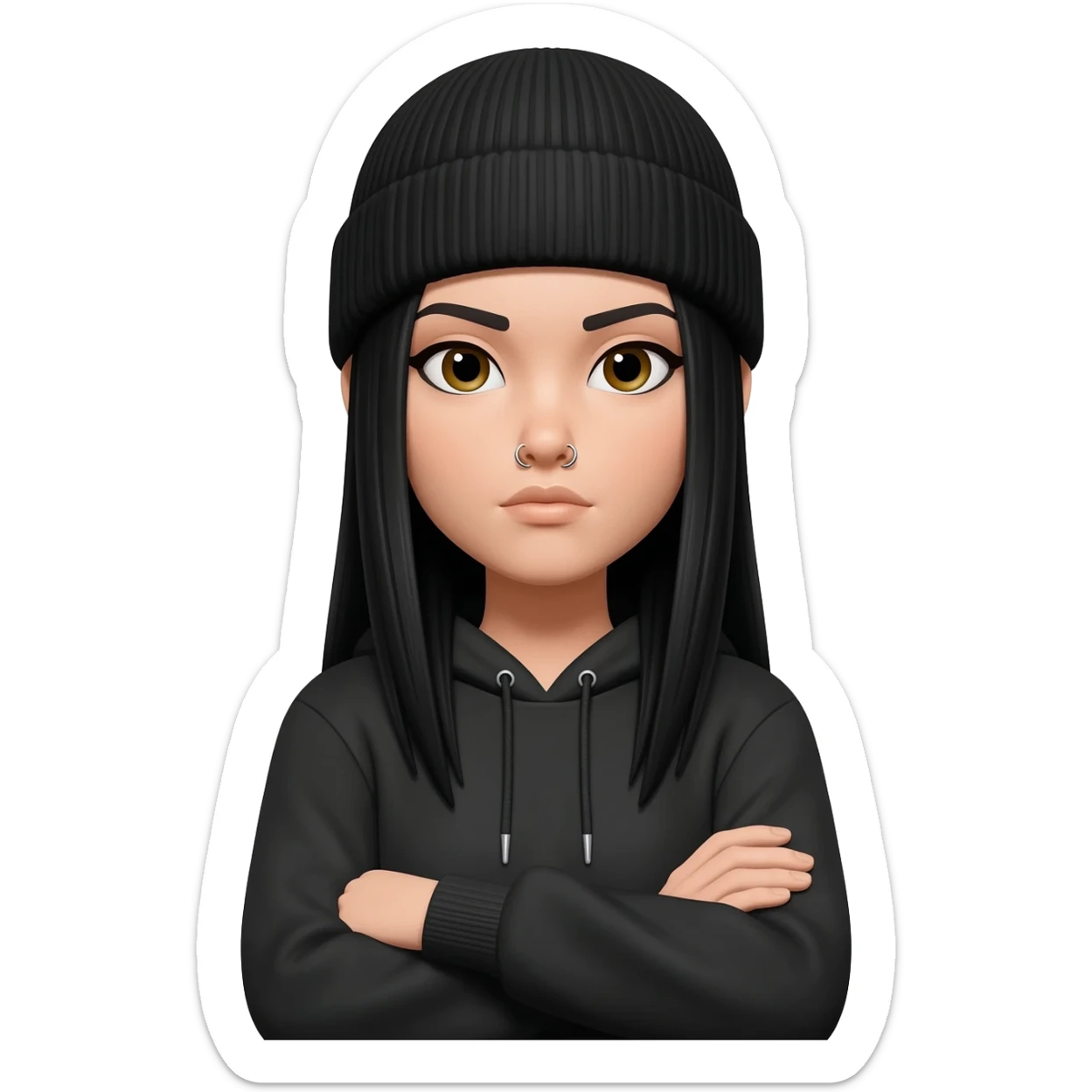 White curvy female with long straight black hair wearing a beanie and standing with arms crossed wearing a hoodie and both nostrils pierced sticker