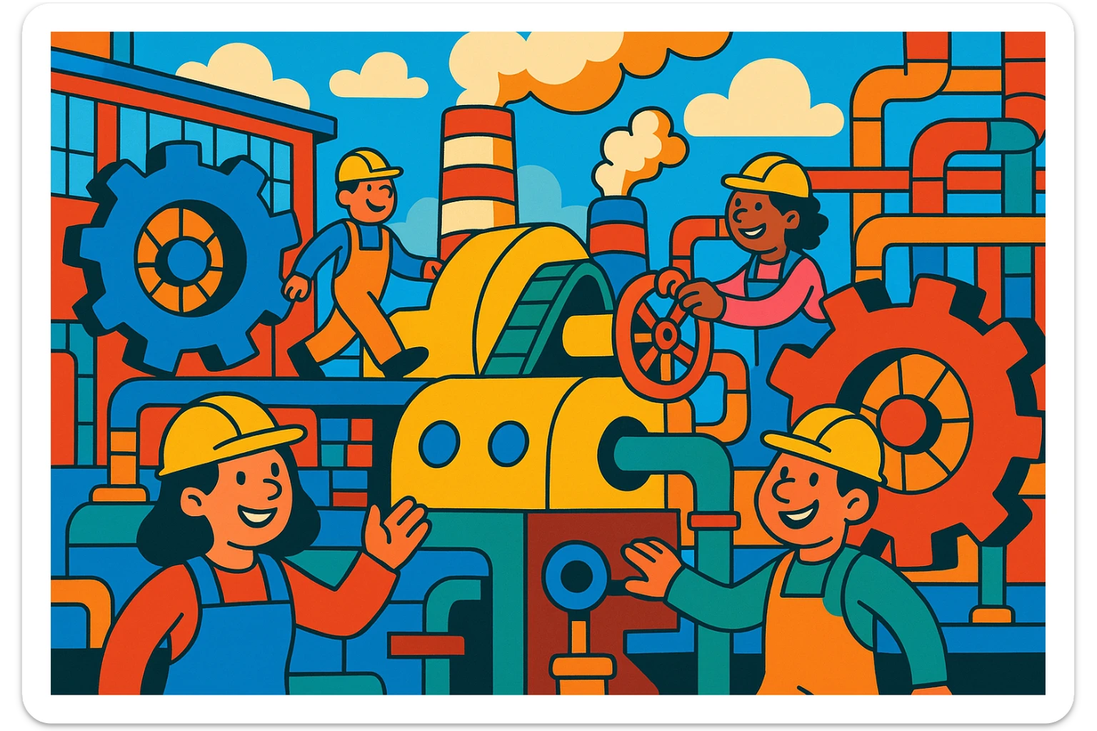 A cartoon-style illustration of a factory with bright colors and exaggerated features. The factory should have a playful and whimsical appearance, with oversized machinery and cheerful workers. The scene should be lively and vibrant. sticker