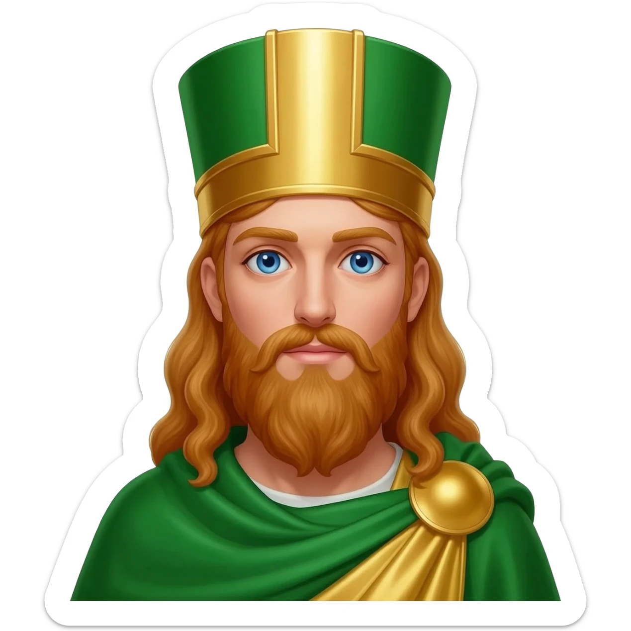 Saint Patrick from Christian Mythology with blue eyes, long reddish blonde hair, green and gold metallic toga, green and gold metallic headdress sticker