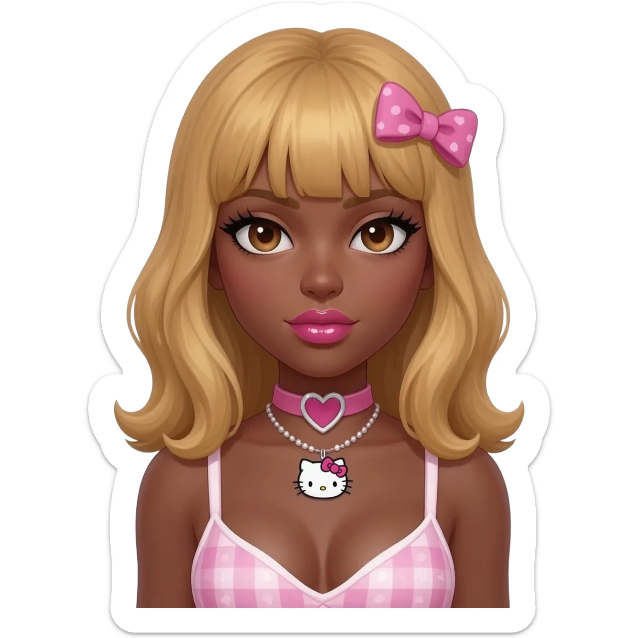 heart shaped lips, cute glossy lips, doll eyes with long lashes, dark brown skin, honey blonde hair, big chest, hello kitty necklace, one bow clip, bimbocore outfit sticker