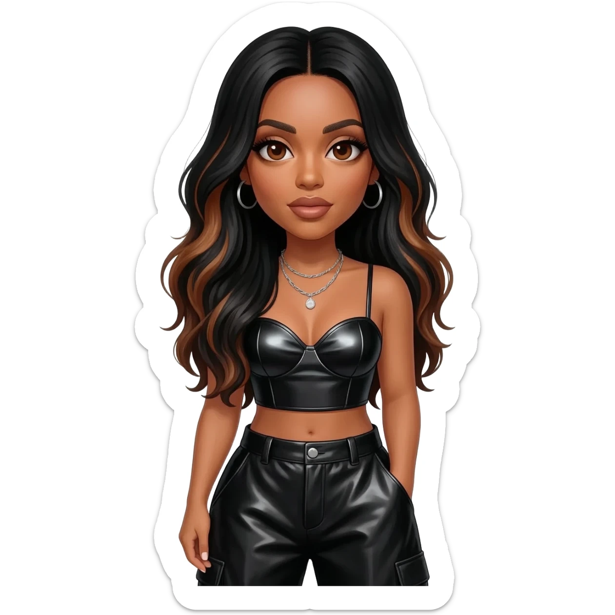Aaliyah with brown eyes, long jet black hair with brown highlights, black metallic sweetheart crop top, black metallic baggy pants, silver necklace sticker
