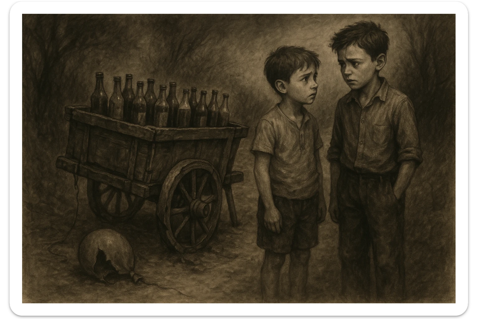 g'ildiragi singan ichimliklar ortilgan arava bir baloni singan uni yonida aka uka havotirli nigoh bilan bir biriga qarab turishibdi sticker