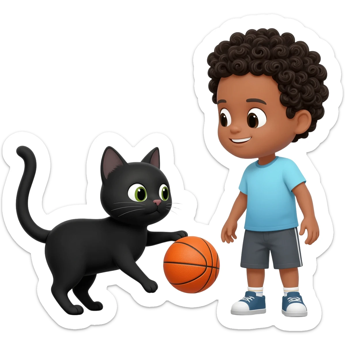 Black cat playing with orange basketball and a little white boy with curly black hair sticker