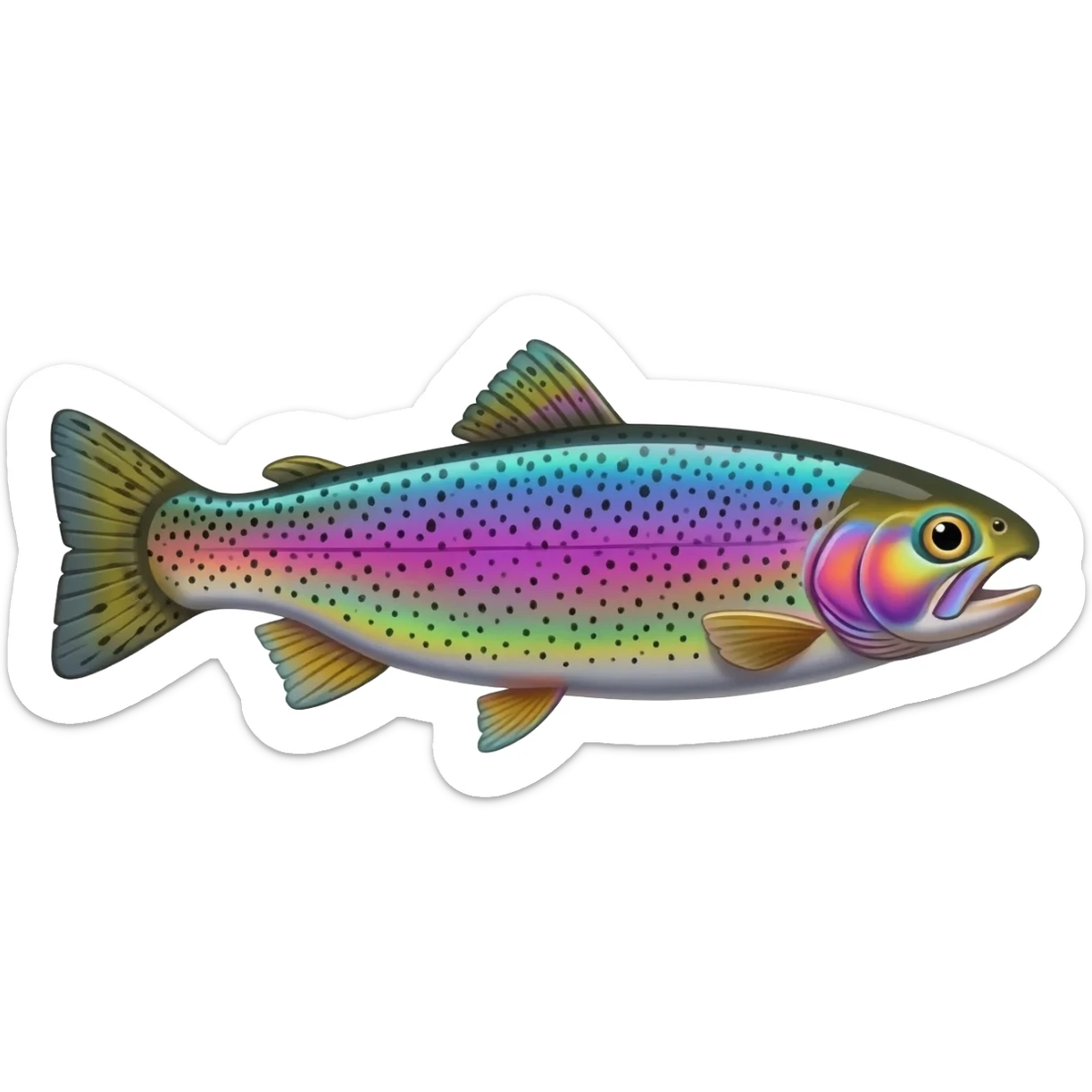 realistic rainbow trout fish bright purple blue green yellow white with black speckles sticker