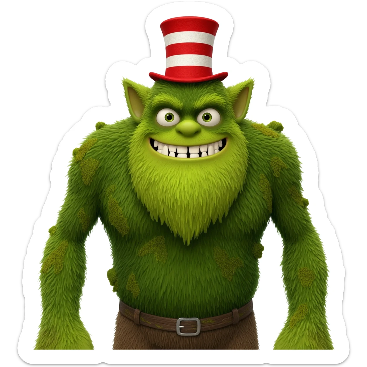 A towering, green-furred ogre with Shrek’s broad build and swampy texture—mixed with the tall, lanky proportions of the Cat in the Hat. He has small ogre ears poking through a slightly tattered red-and-white striped top hat. His wide grin blunt ogre teeth, his eyes sparkle mischievous, catlike charm sticker
