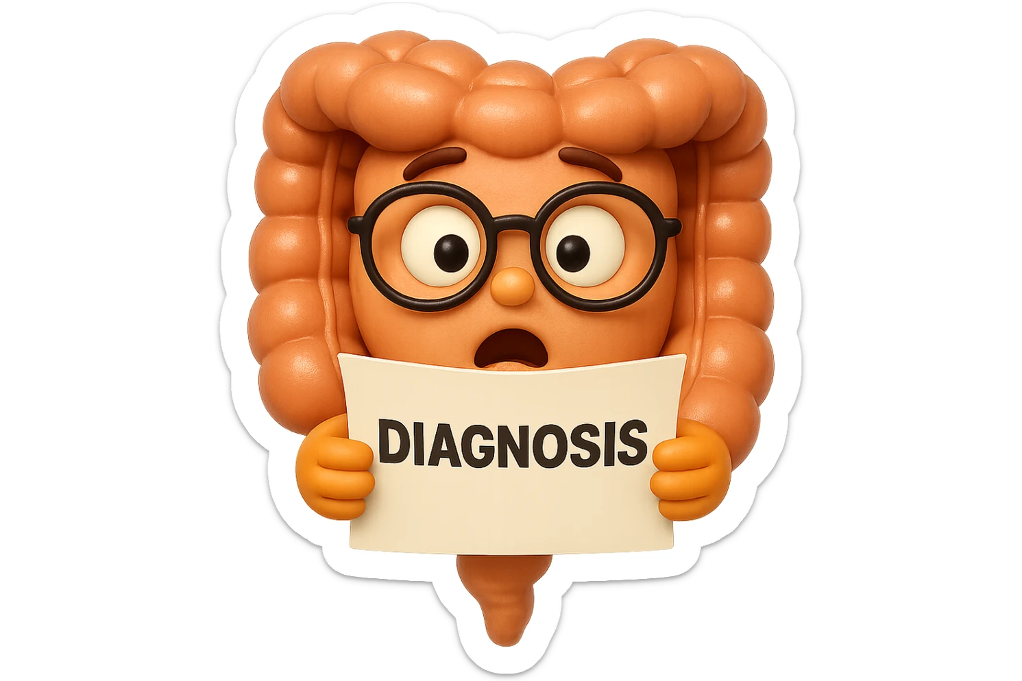 EMOJI STILE IPHONE DI UN INTESTINO CON GLI OCCHIALI CHE LEGGE UN FOGLIO CON LA SCRITTA DIAGNOSI, ESPRESSIONE STUPITA IN VOLTO, IPERREALISTICO 4K sticker