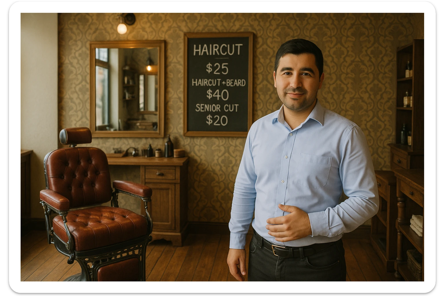 Draw me a picture of a barbershop that looks like this guy working in a barbershop. The barbershop doesn't have to be very modern. It should be on a medium floor. Also draw a blackboard on the wall. It should have the prices for haircuts there. sticker