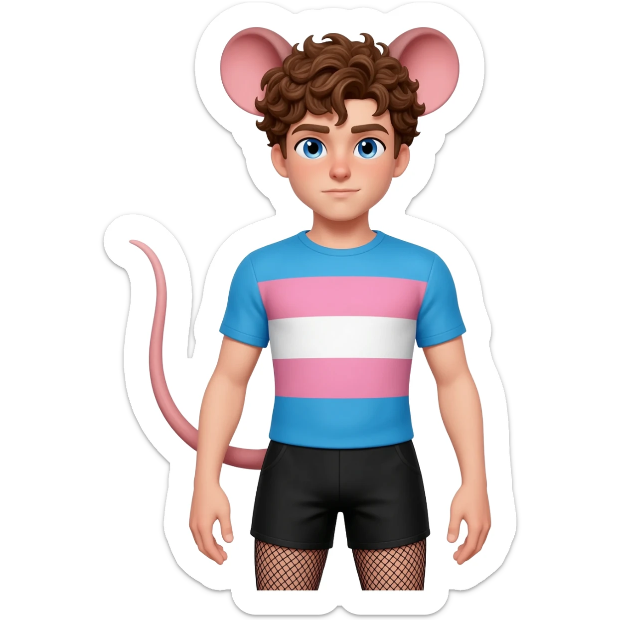 a white twink boy with blue eyes, short curly brown hairs and rat ears, he has a rat tail. he is dressed in a short shade of the color trans flag and short black shorts with mesh stockings sticker