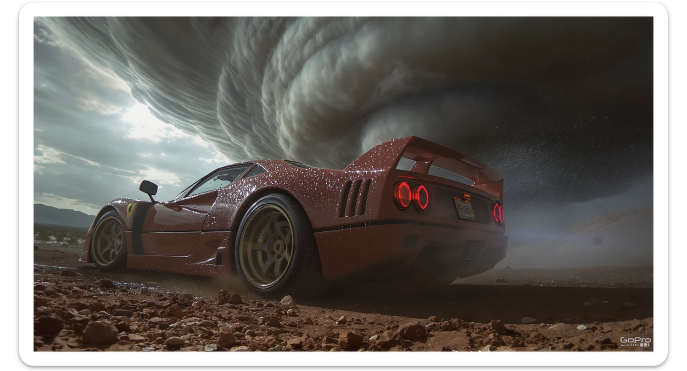 Cinematic still of a ferrari f40 around tornado od arizona desert, sun flare, captured by gopro hero with effect fisheye, water drops on car body, detailed, inspired by interstellar look, captured by a arri alexa sticker