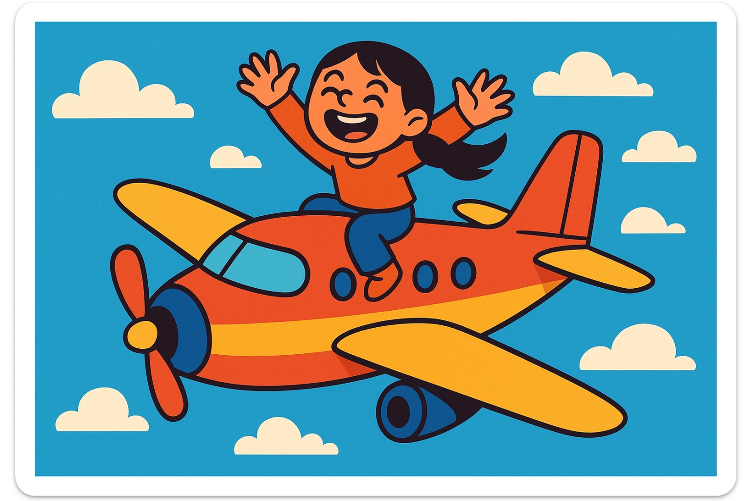 a girl joyfully riding on top of a flying airplane, whimsical and fun, blue sky sticker