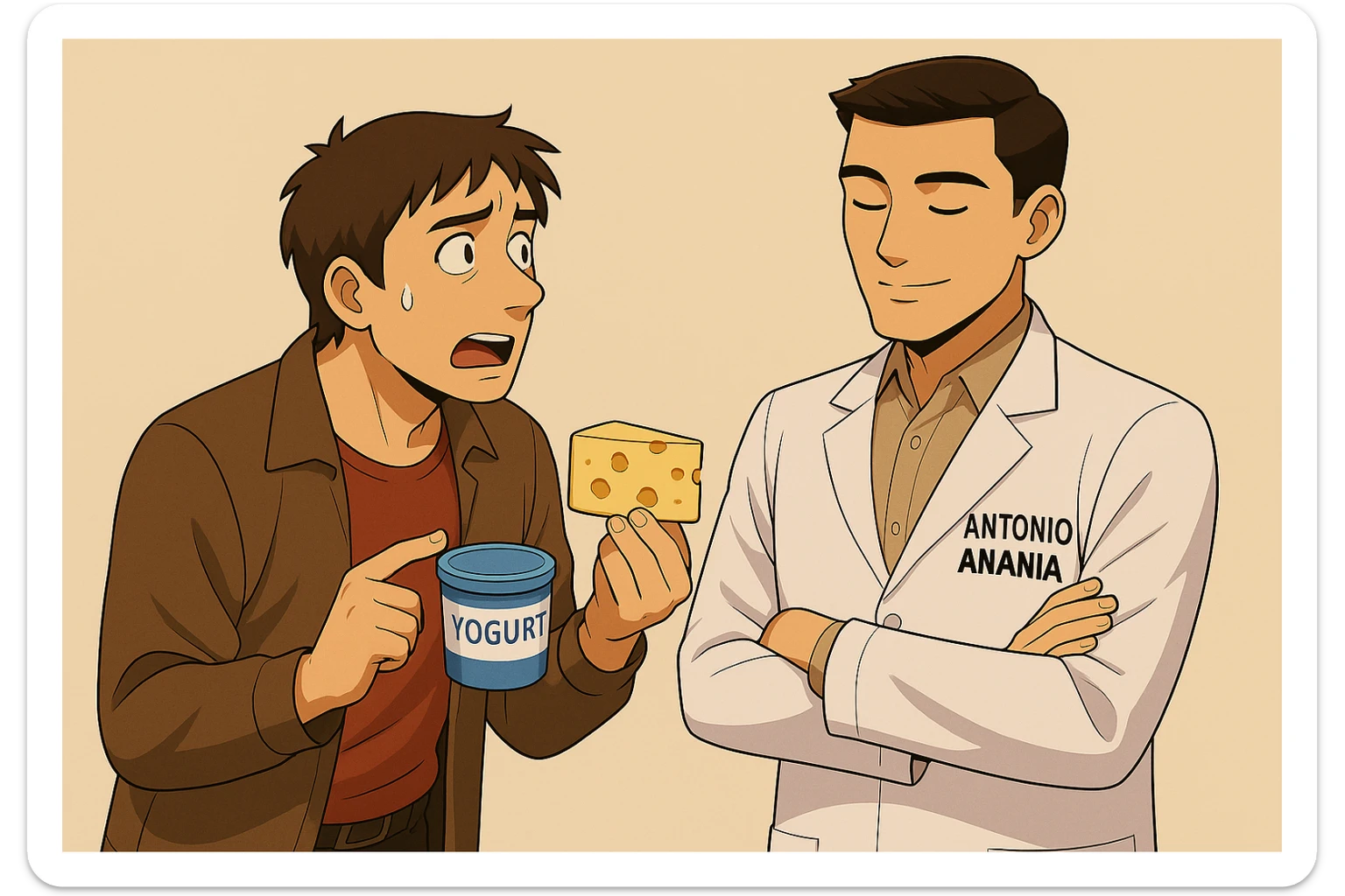 fai un webtoon manga a colori con questo stile, in cui un uomo fa una domanda al kinesiologo con il camice bianco (fagli anche la scritta "ANTONIO ANANIA" SUL CAMICE, l'uomo chiede una cosa mostrando un formaggio e uno yogurt al kinesiologo con il camice, IL KINESIOLOGO annuisce e SPIEGA ALL'UOMO UNA cos. L'UOMO ha un ESPRESSIONE CONFUSA IN VOLTO. non fare i fumetti però, fai solo in modo che sembri stiano parlando sticker