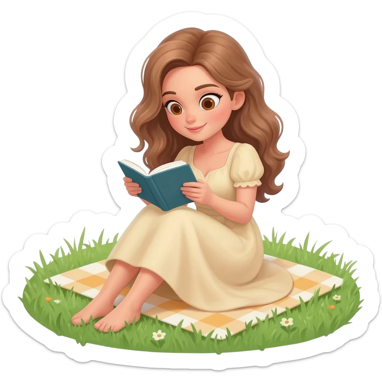 detailed emoji scene of a woman with long light brown wavy hair and light brown eyes reading a book while sitting in the grass, peaceful picnic atmosphere, emoji style illustration sticker