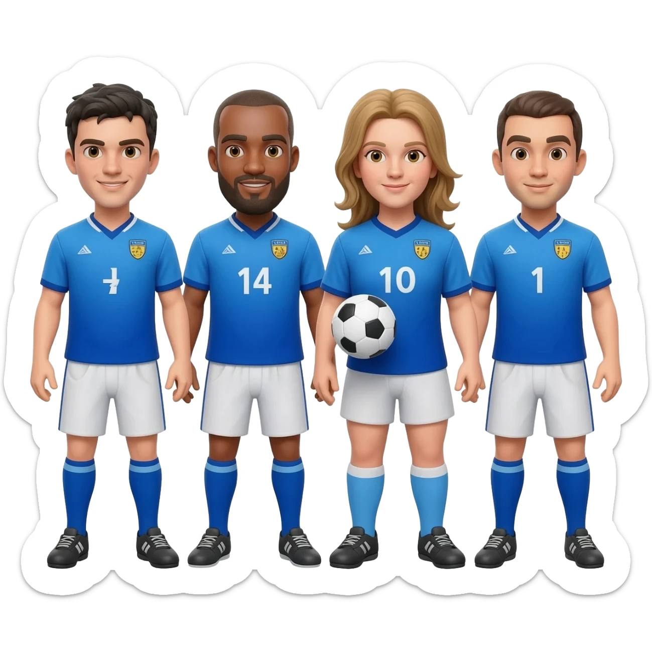 4 soccer players of the same team in blue jersey playing soccer together sticker