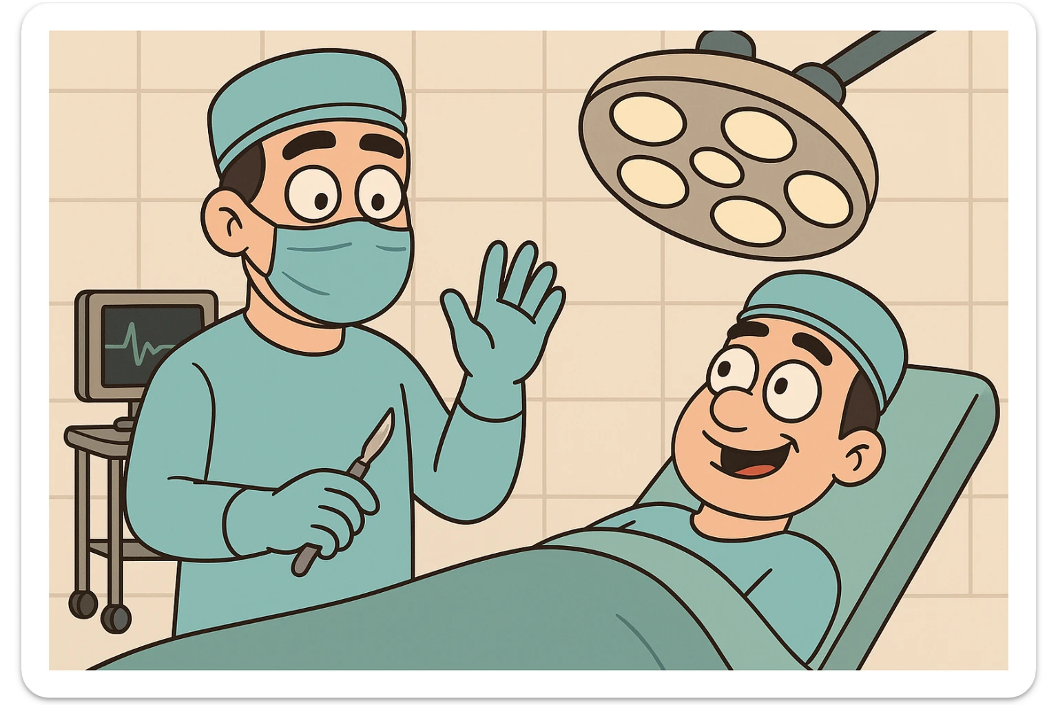 surgery cartoon style, friendly and approachable, doctor and patient, no blood, suitable for educational use sticker