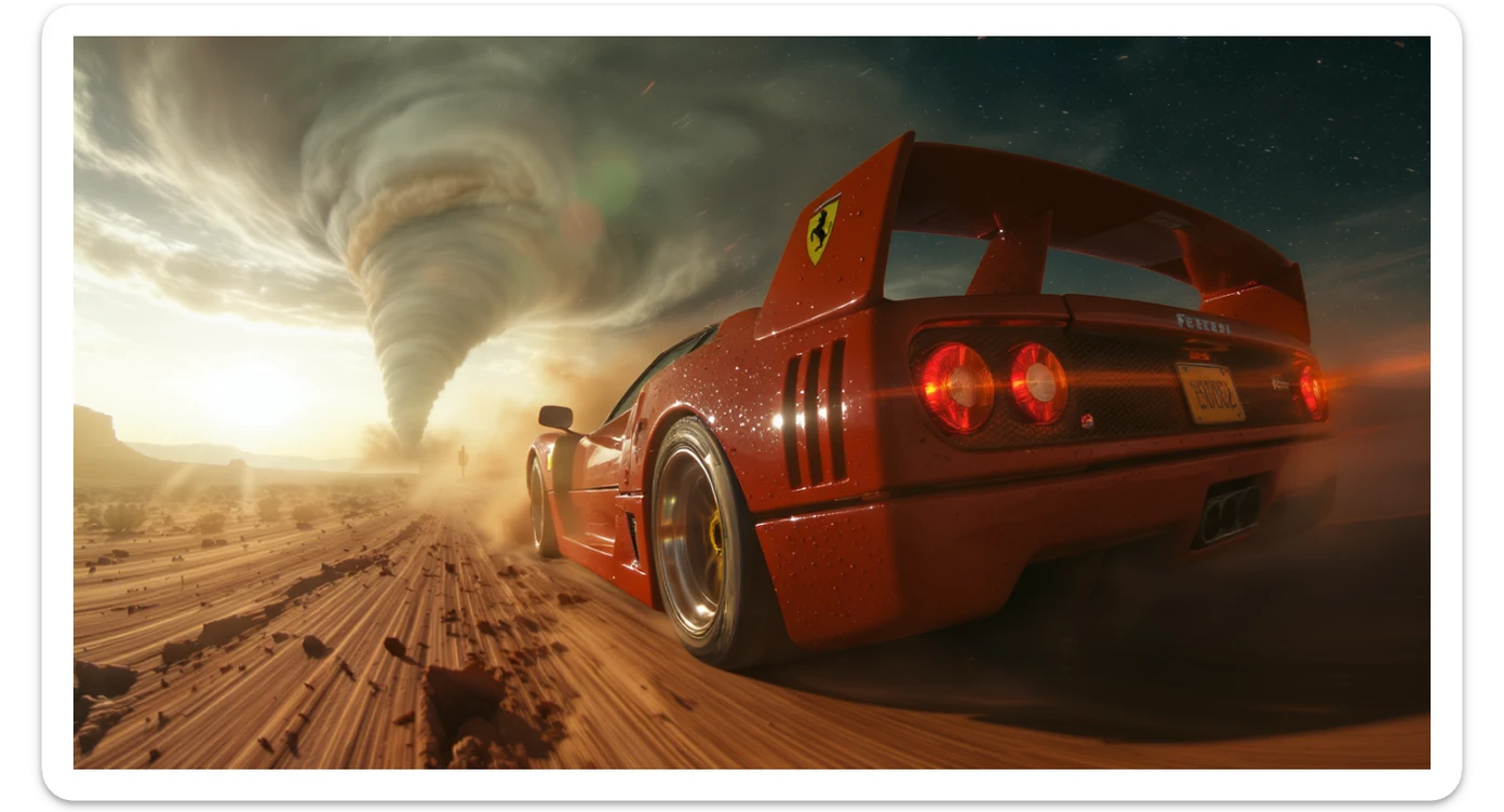 Cinematic still of a ferrari f40 around tornado od arizona desert, sun flare, captured by gopro hero with effect fisheye, water drops on car body, detailed, inspired by interstellar look, captured by a arri alexa, inspired by Wes Anderson sticker