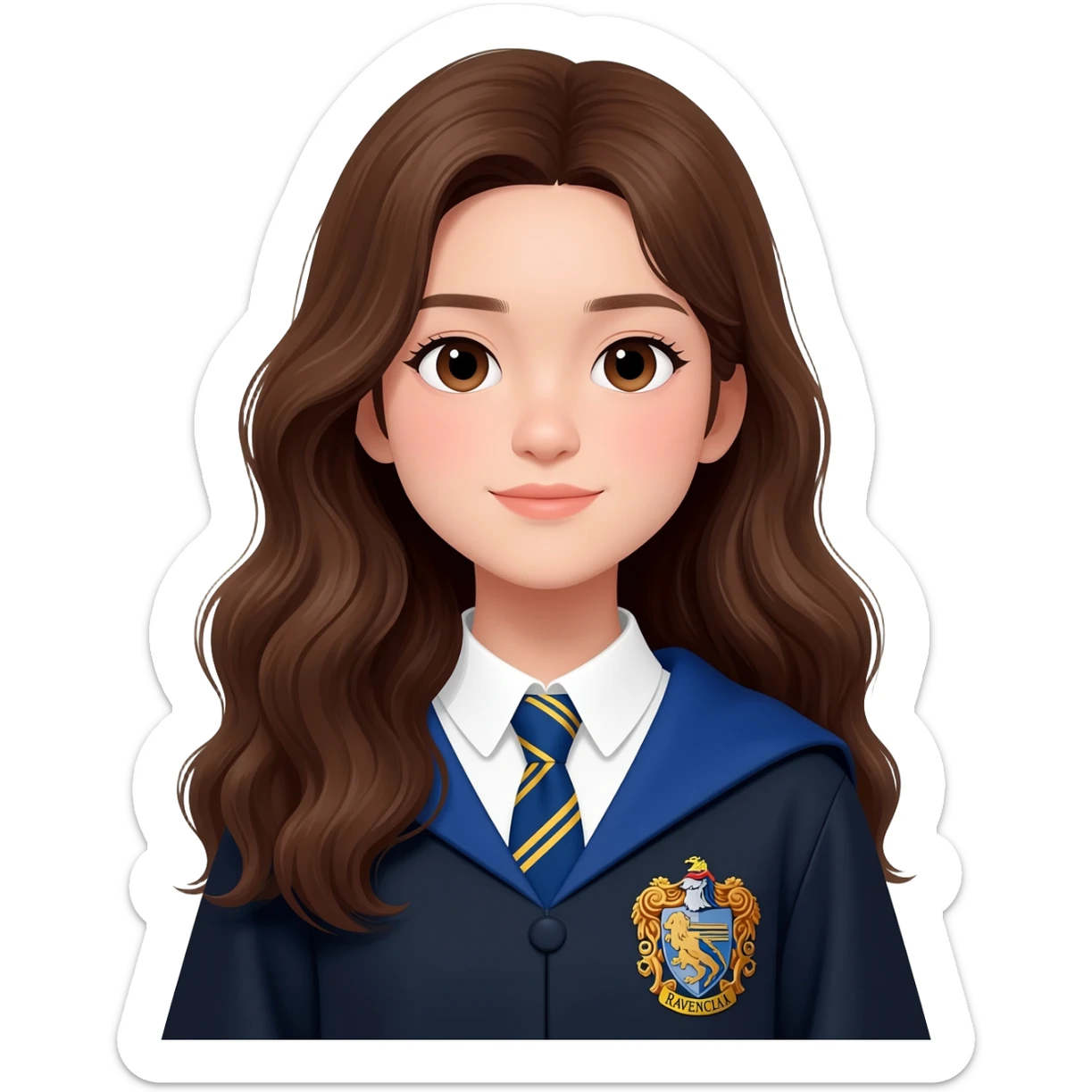 Asian girl with long wavy brown hair and brown eyes wearing Ravenclaw robe from Harry Potter sticker