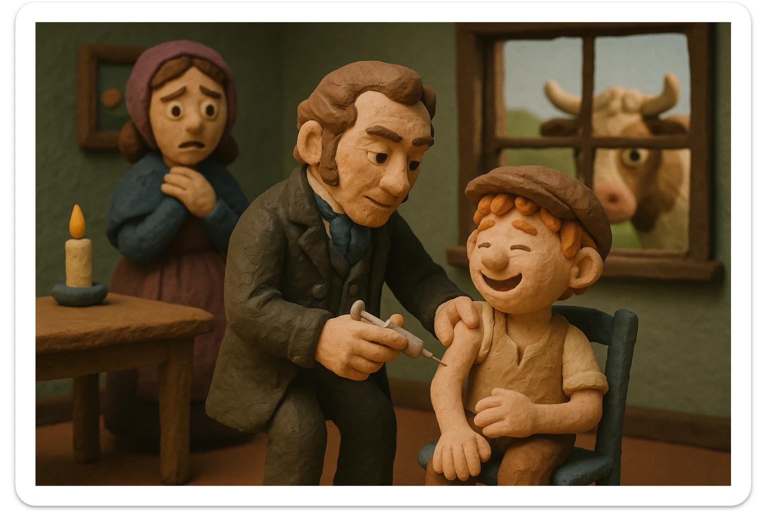 A Victorian doctor giving a young happy poor boy a vaccination with the boy's mother in the background looking worried in their living room. Through the window is a cow sticker