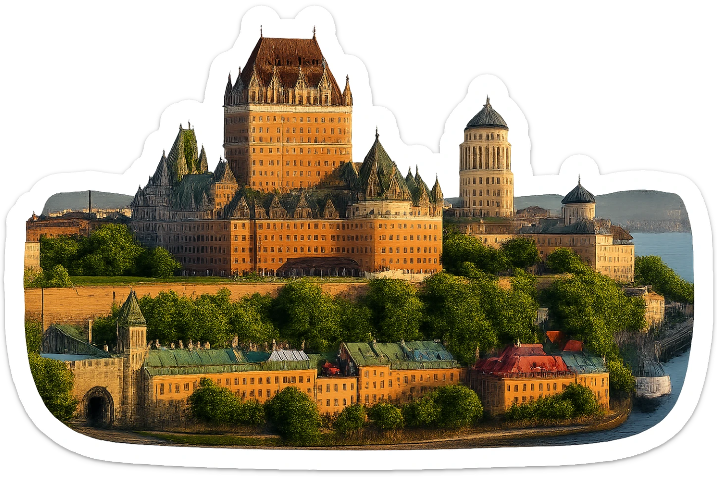 cinematic, realistic emoji of Quebec City, featuring a skyline with iconic landmarks such as Château Frontenac, the Old City walls, and the St. Lawrence River, with lifelike detail, accurate colors, bright lighting, wide city view, fully transparent background sticker