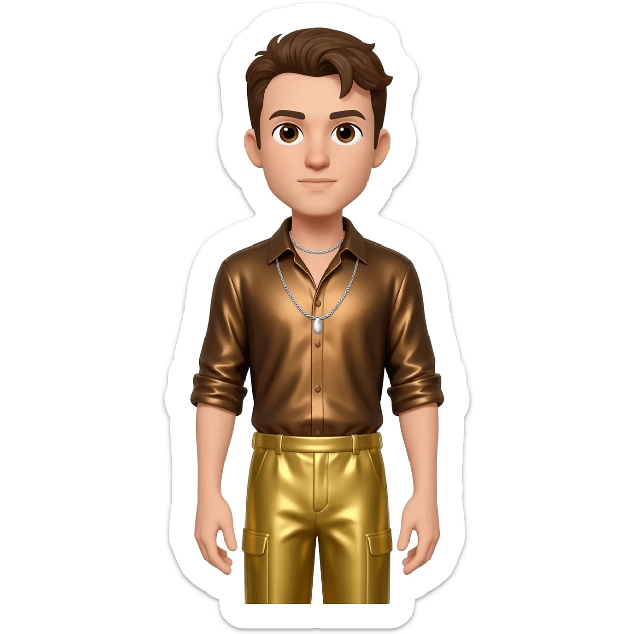 Peter Allen with brown eyes, brown hair, bronze metallic shirt, gold metallic baggy pants, silver necklace sticker