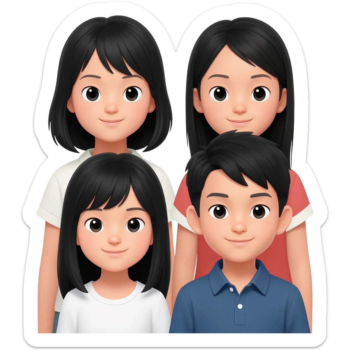 four siblings of 3 girls all asian black hair and 1 asian boy black hair sticker
