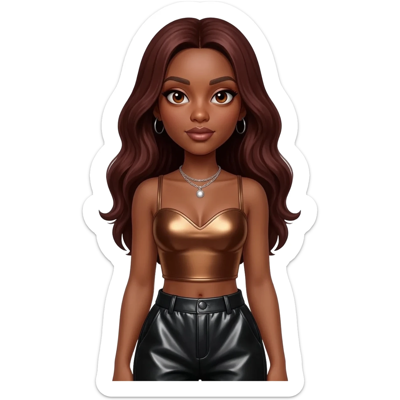 Solange with brown eyes, long dark auburn hair, brown metallic sweetheart crop top, black metallic baggy pants, silver necklace sticker
