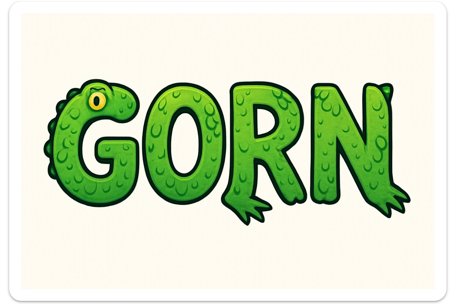 The word 'GORN' in a playful, cartoon style, with each letter featuring green scales and subtle lizard features. sticker