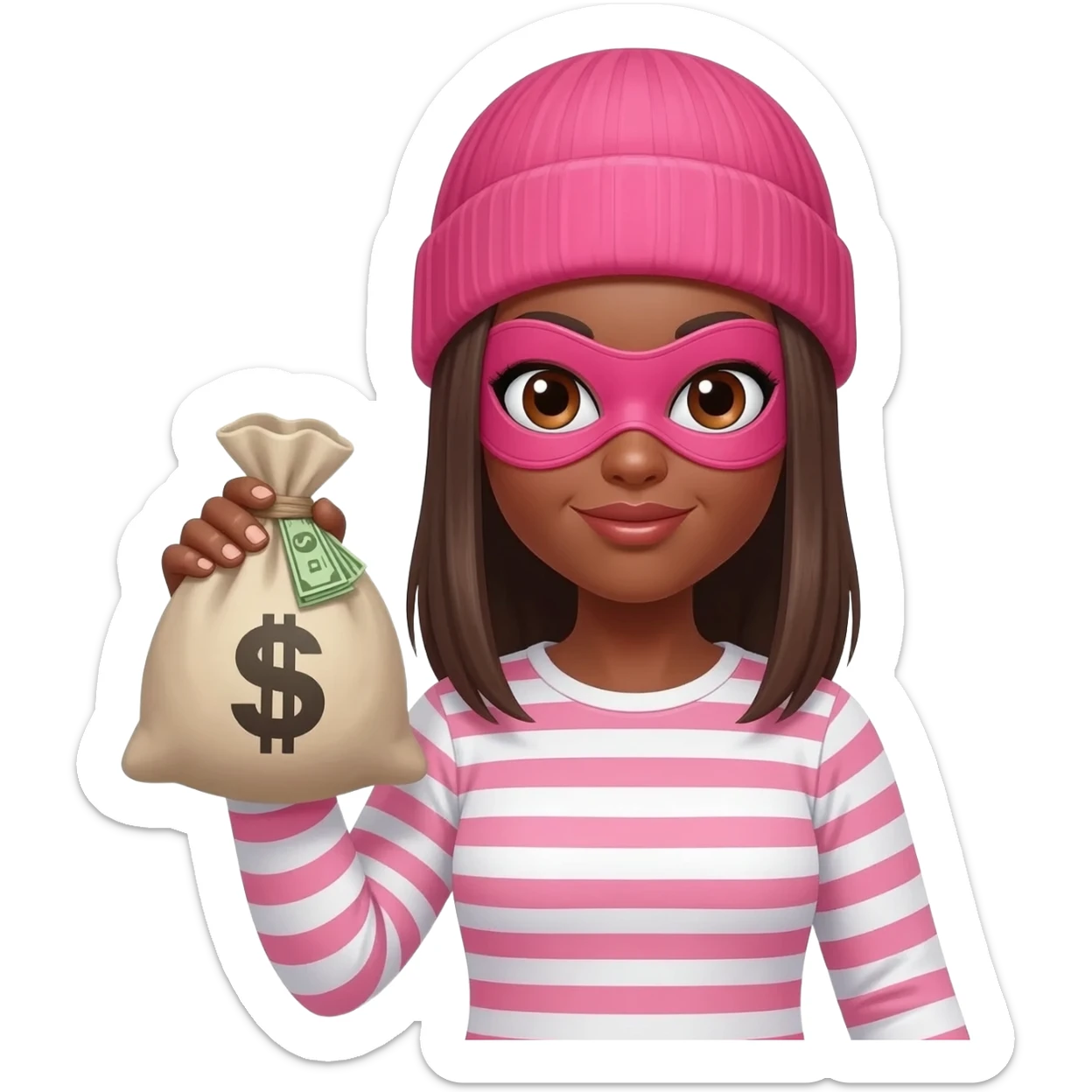 Brown woman, brown eyes, straight brown hair. Wearing a long-sleeved t-shirt, the t-shirt is horizontally striped white and pink. Pink beanie and a pink mask through which you can see her eyes, like a thief's mask. In front of her there is a bag (the money bag emoji) with bills inside. sticker
