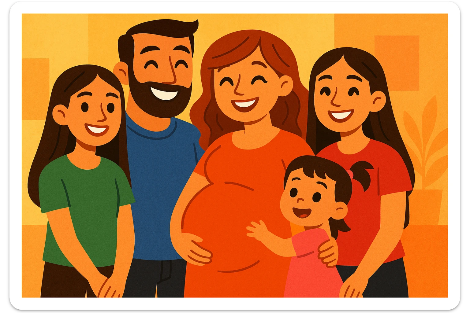 warm and joyful family portrait featuring a father, visibly pregnant mother, two teenage girls, and a 2-year-old baby girl, all together sticker