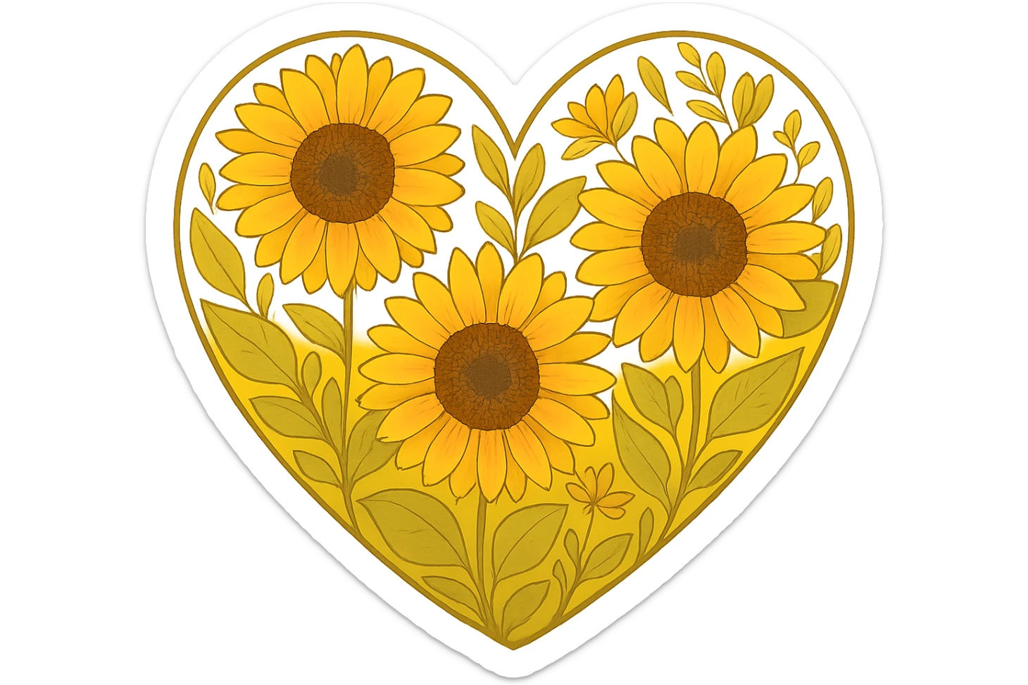 heart with a golden sunflower garden, clean digital illustration, no background sticker