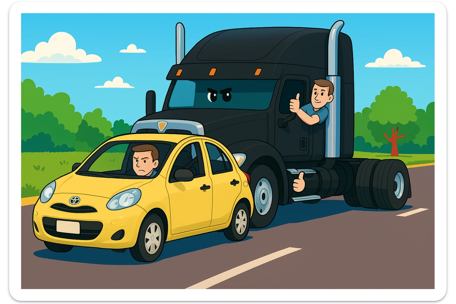 Add a person in the black semi truck with their arm out the window. Keep the scene bright and vibrant, with a person in the car in front. sticker