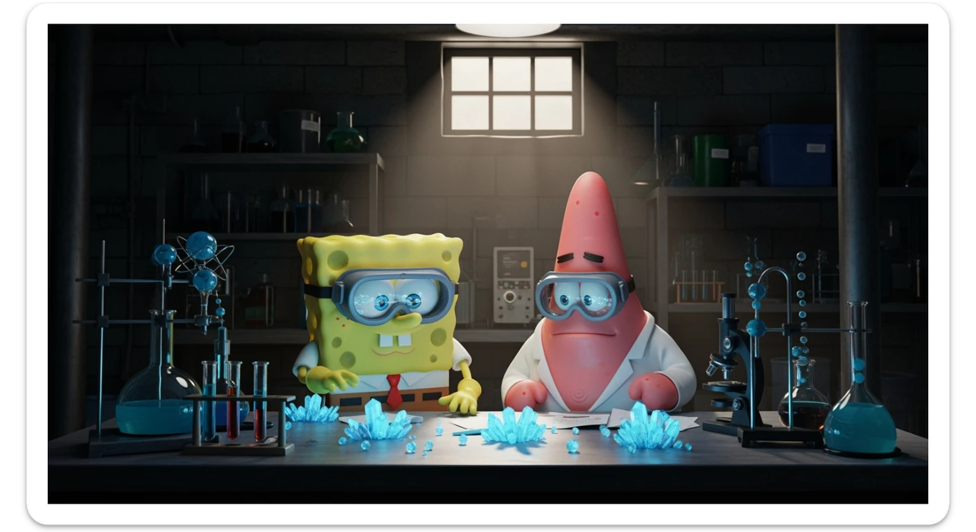 3D cienmatic cartoon shot, spongebob and patric dress in safety glasses and safe white outfit, the are standing front of table with blue crystals on table glowing (light source) science room in basement, back light, Cinema 4d render, proffesional lightning sticker