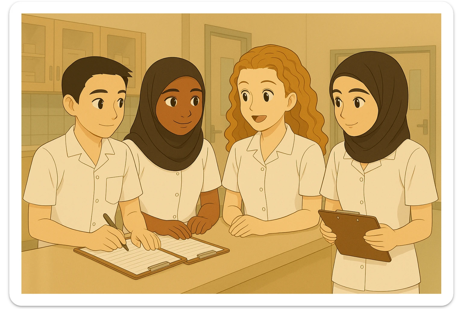 Modify the outfits of all the students to be white, short-sleeved, and styled like the blue outfit worn by the boy in the first original image. Make this style uniform for the entire group, remove any stethoscopes, and keep the faces unchanged. sticker