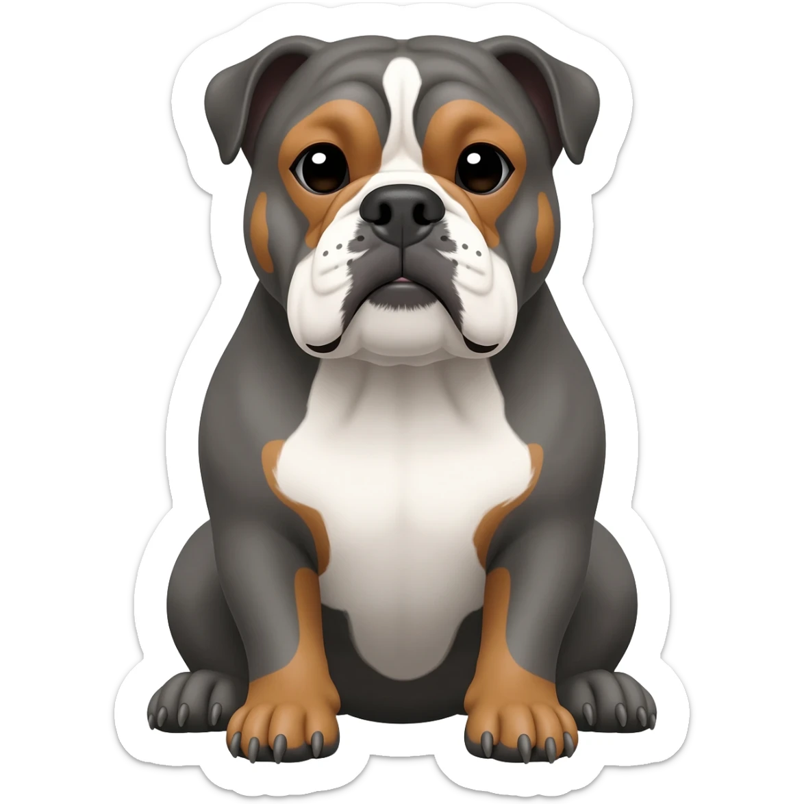 senior gray English bulldog, with caramel details in eyebrows, white details in face, white chest, sitting in his paws sticker