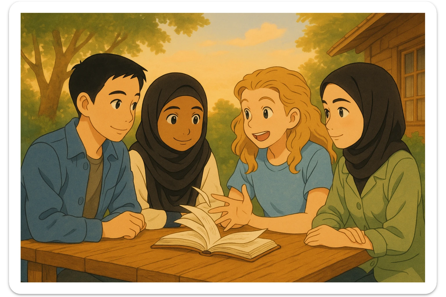 Les pages du livre sur la table bougent sous l'effet du vent, style ghibli, même composition que l'image de référence. sticker