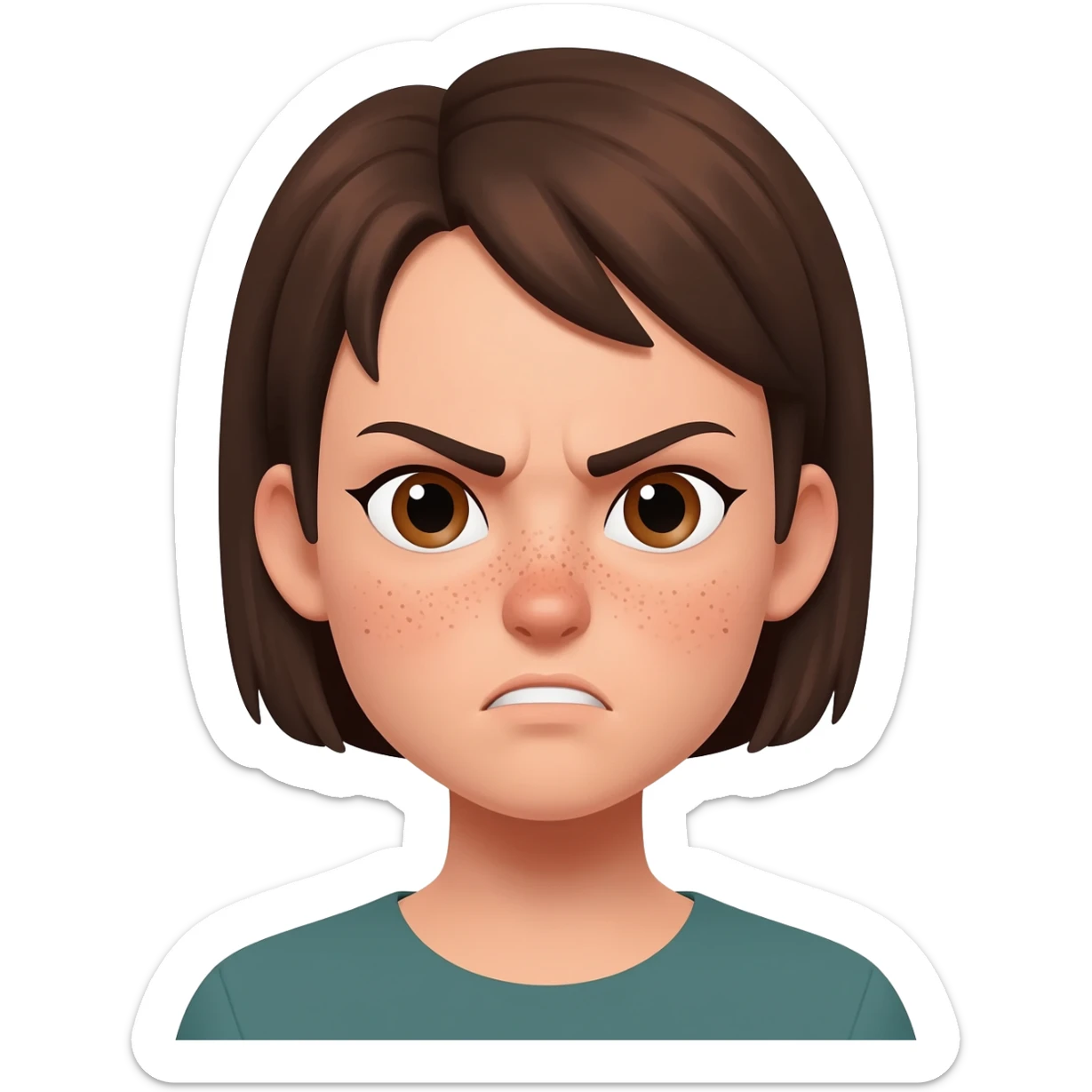a woman with short hair, hair above her ears. She has freckles on her face. She has brown eyes. She's angry. sticker