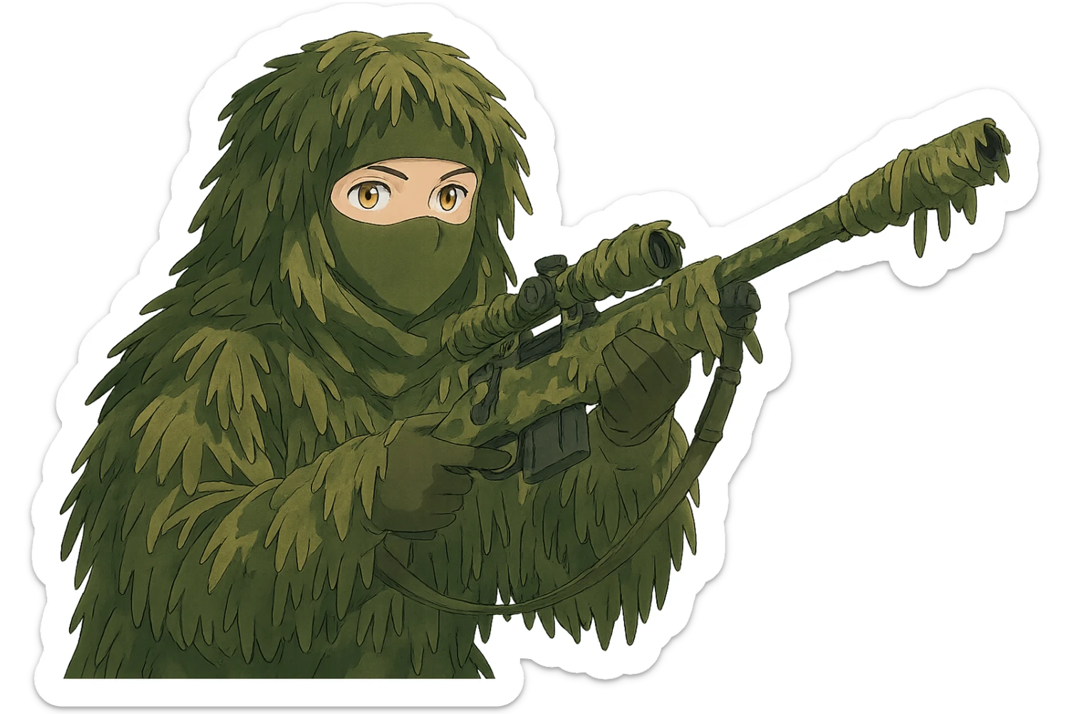 1 female, gold yellow eyes, face covered green balaclava, full military ghillie sniper camouflage, rifle up, camouflaged rifle wrap sticker