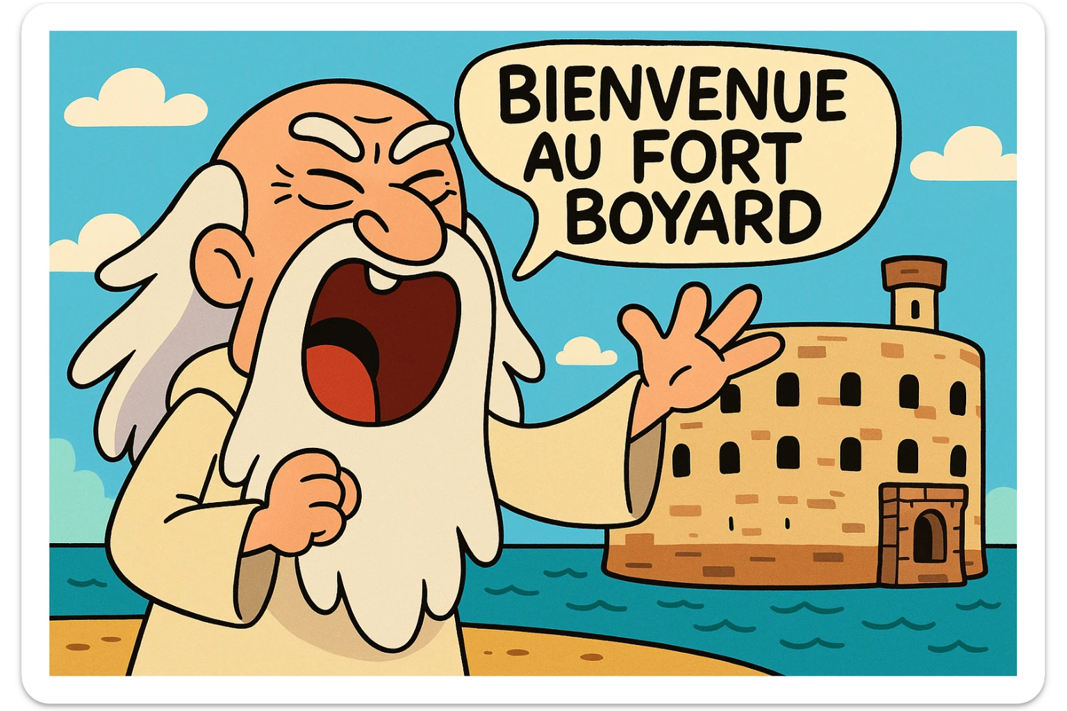 Père fouras  de fort boyard qui cri bienvenue au fort boyard // style enfantin dessin animé cartoons américain style gumball (  sticker