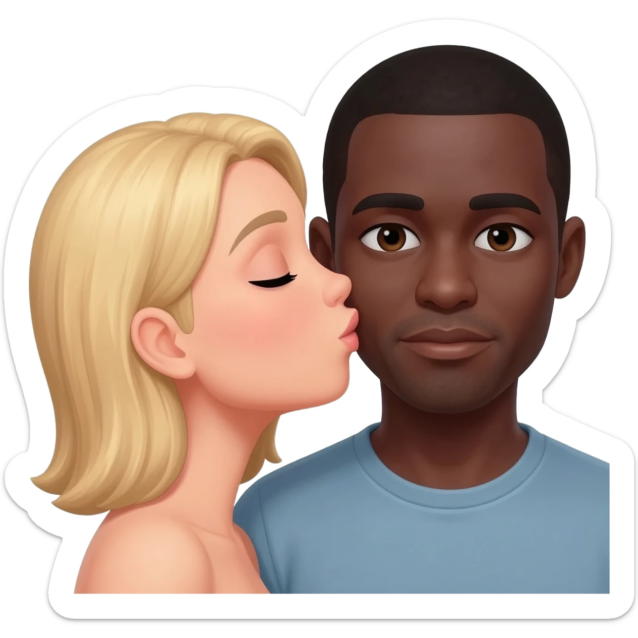 Blonde woman kissing black man with shaved head on the cheek sticker