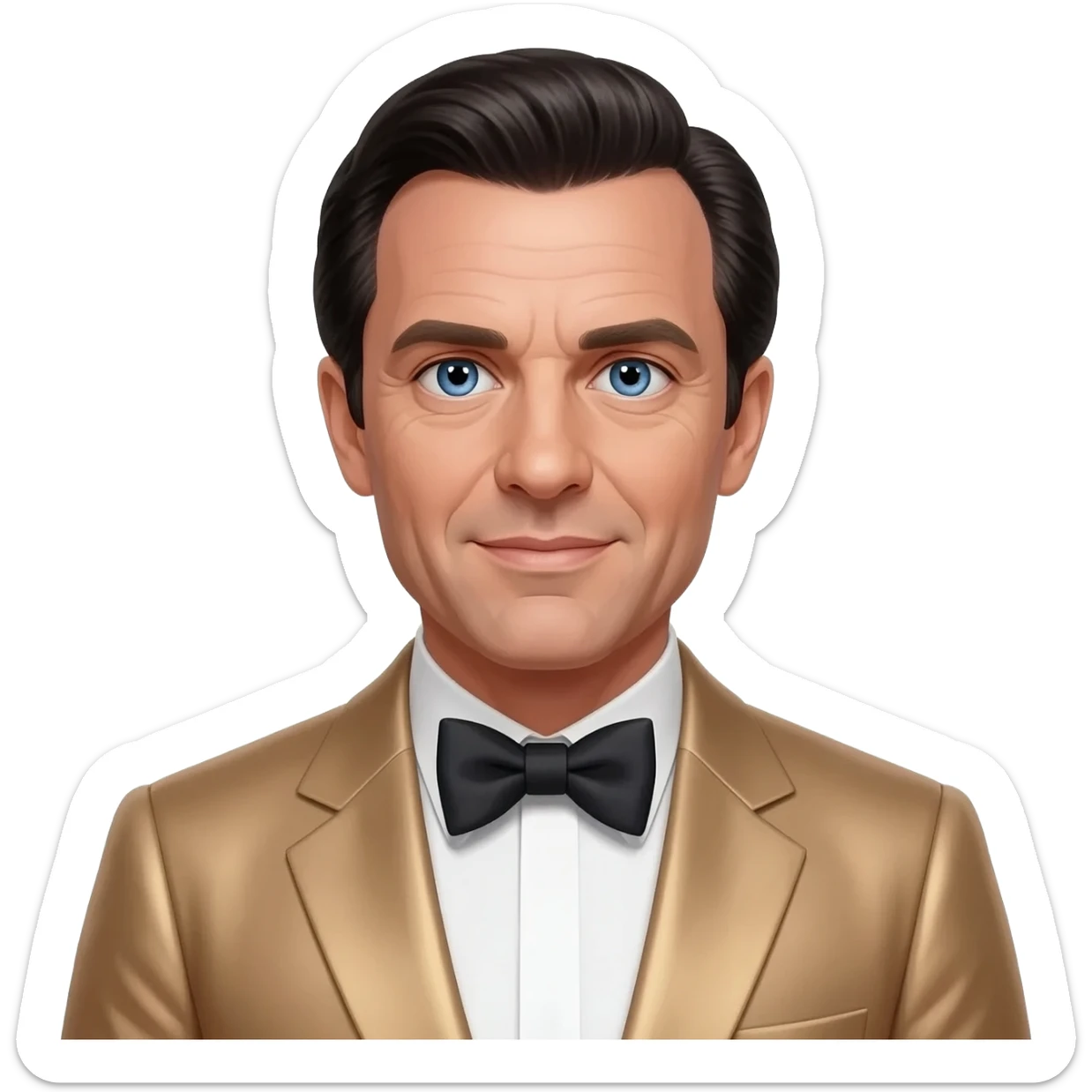 Oliver Reed with blue eyes, black hair, tan metallic suit with bow tie sticker