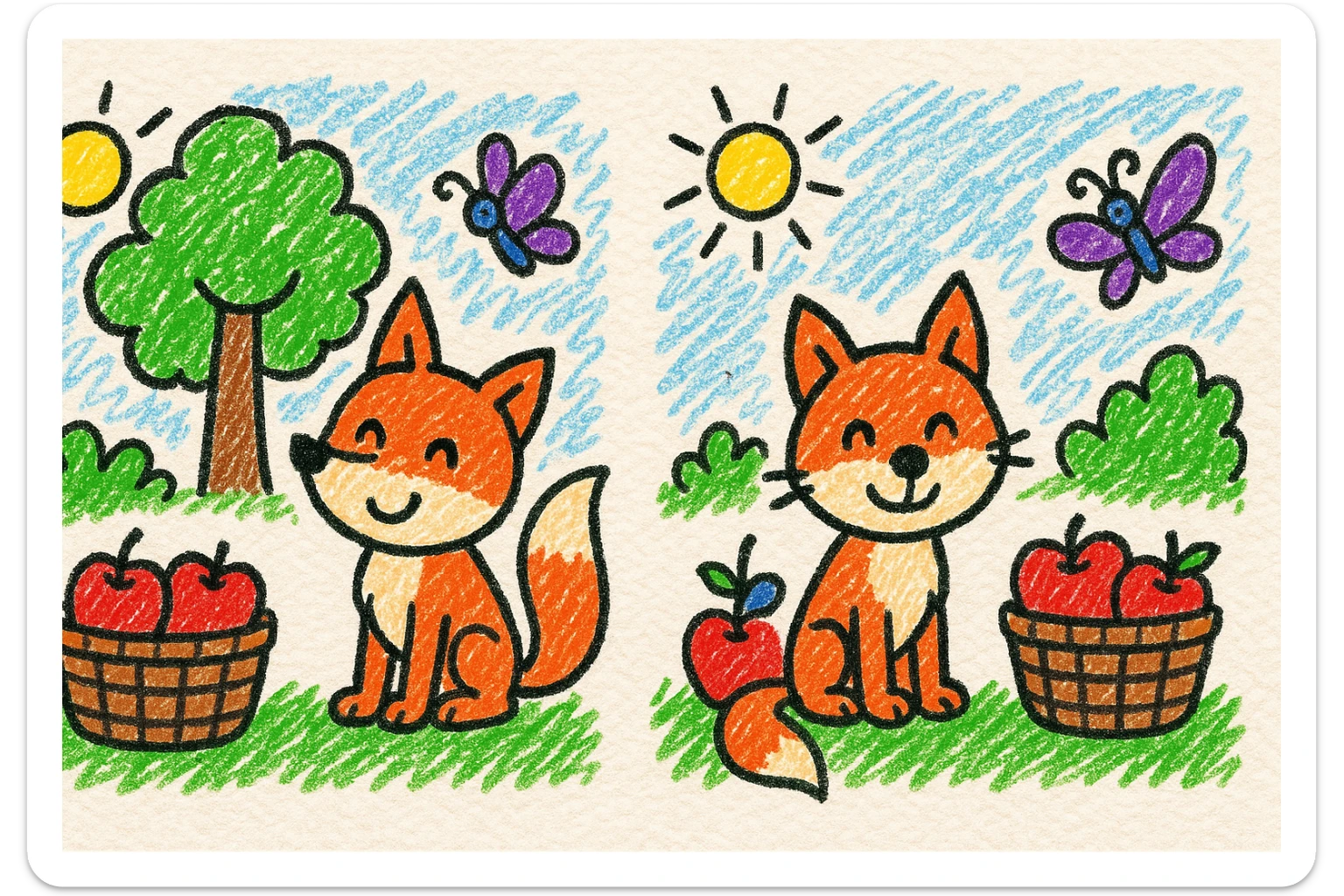 playful crayon-style cartoon scene for a children's 'find the differences' game, featuring a happy fox sitting next to a basket of apples in a bright forest clearing, with a butterfly flying nearby, a tree, and bushes in the background, colorful, bold, cheerful, resembling a child's crayon drawing sticker