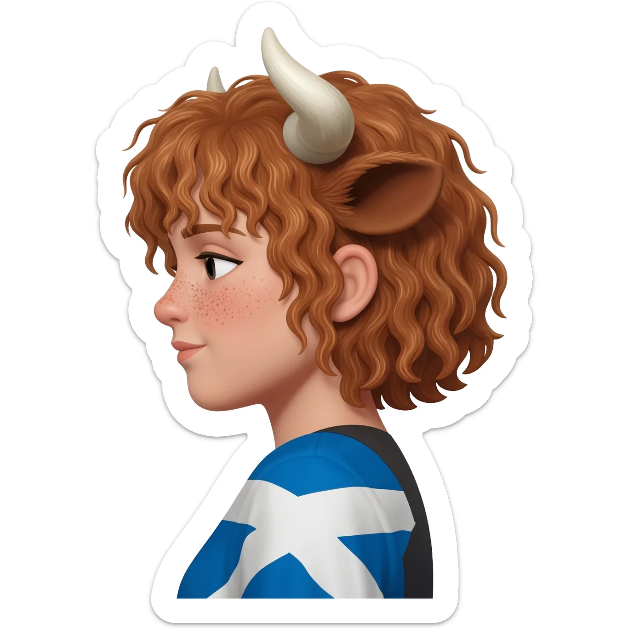 curly girl with freckles with messy light brown bangs covering the eyes with bull horns and bull ears with scottish flag on his shoulders side view sticker