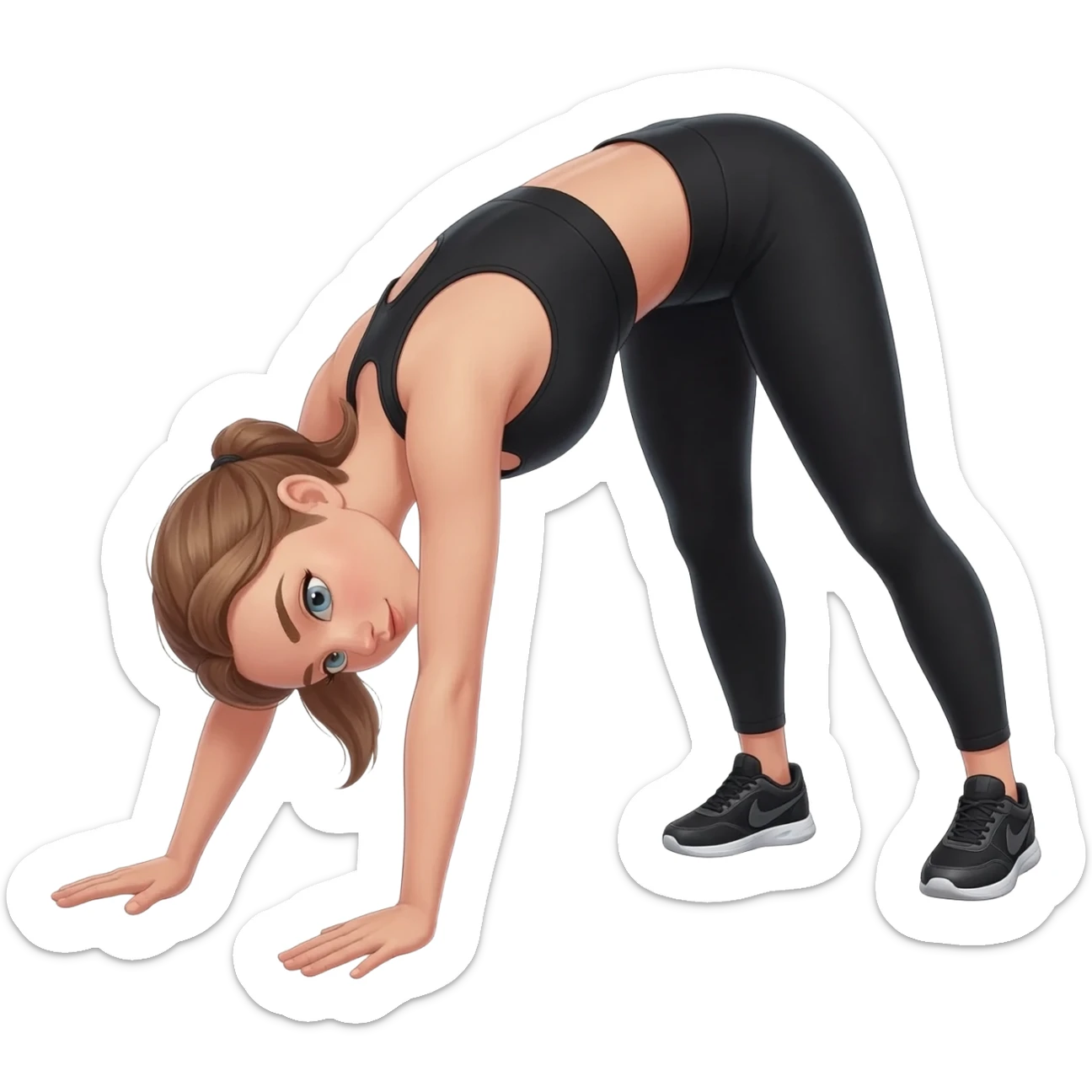 standing forward fold stretch, fair-skinned woman, light gray-blue eyes, ash brown brows, ash light brown hair tied back, slim athletic body, black workout set, black sneakers with white soles sticker