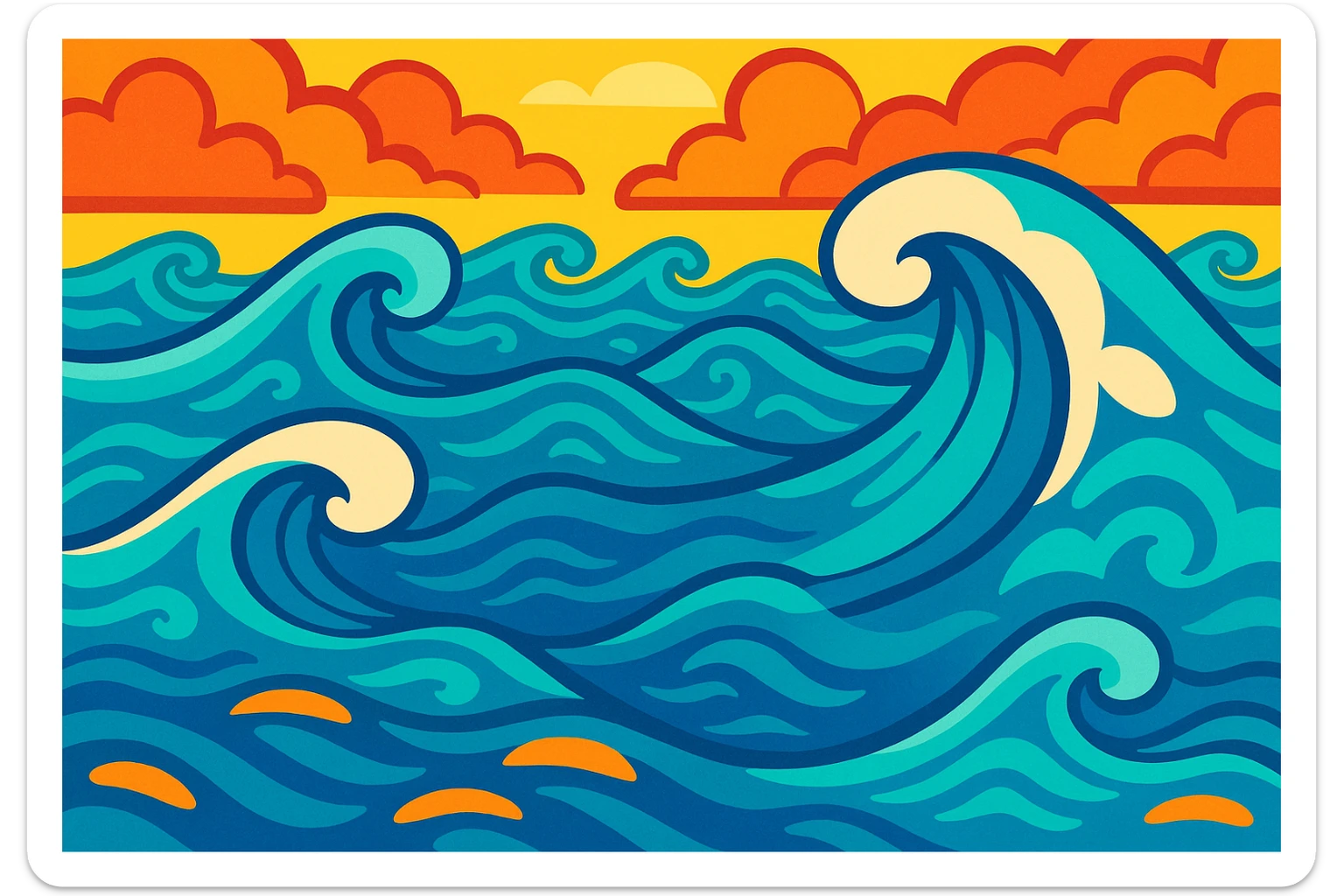 playful sea with vibrant cartoon style, blue and turquoise colors, lively and colorful ocean waves sticker